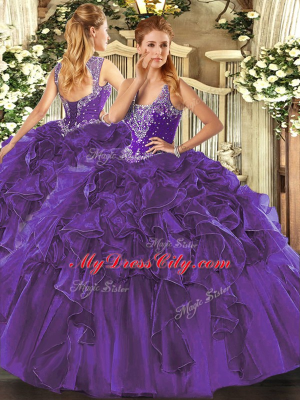 Delicate Purple Sleeveless Organza Lace Up Sweet 16 Dress for Military Ball and Sweet 16 and Quinceanera