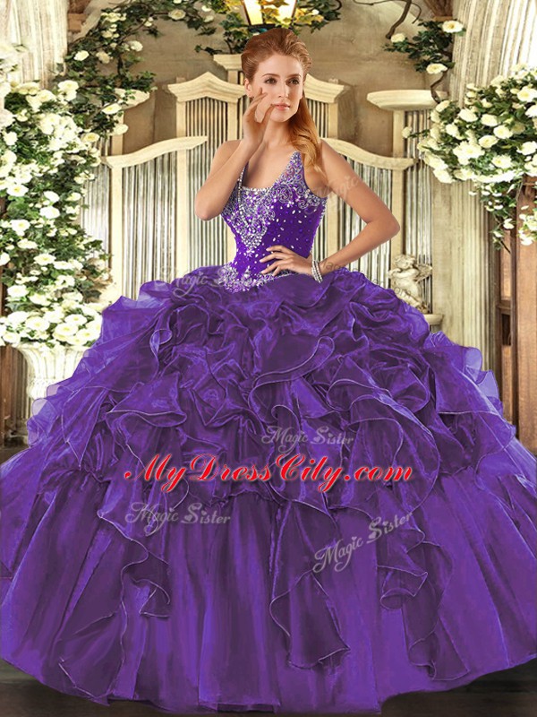 Delicate Purple Sleeveless Organza Lace Up Sweet 16 Dress for Military Ball and Sweet 16 and Quinceanera