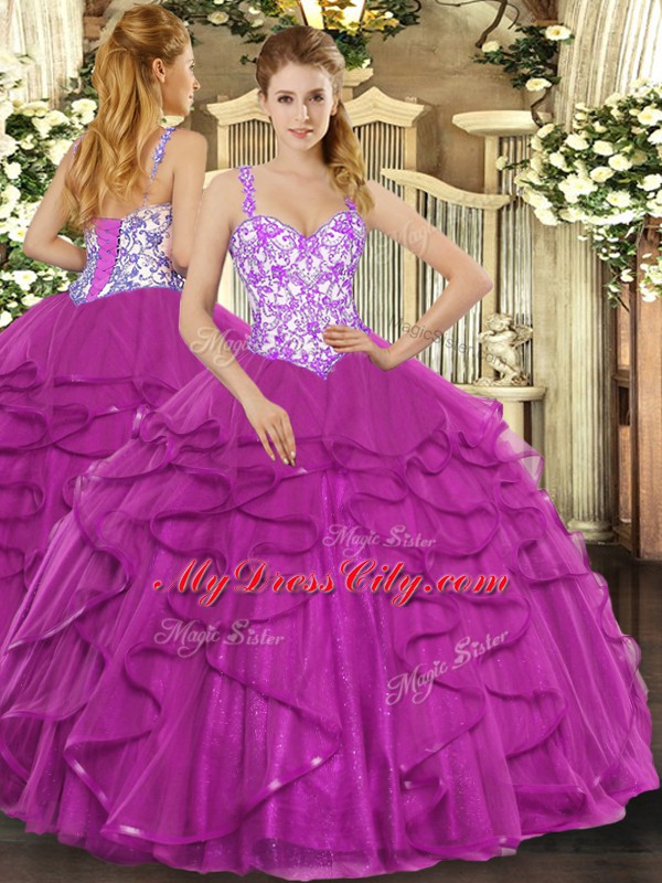 Beautiful Floor Length Lace Up 15th Birthday Dress Fuchsia for Sweet 16 and Quinceanera with Beading and Appliques and Ruffles