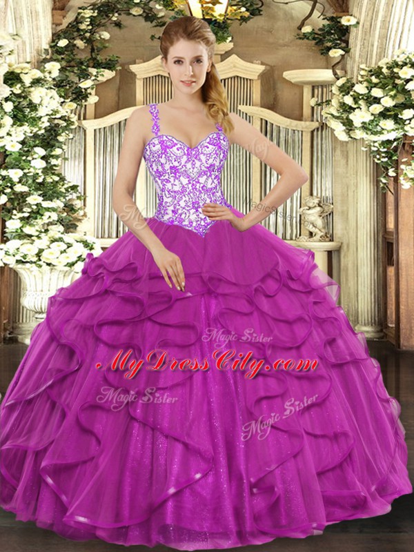 Beautiful Floor Length Lace Up 15th Birthday Dress Fuchsia for Sweet 16 and Quinceanera with Beading and Appliques and Ruffles