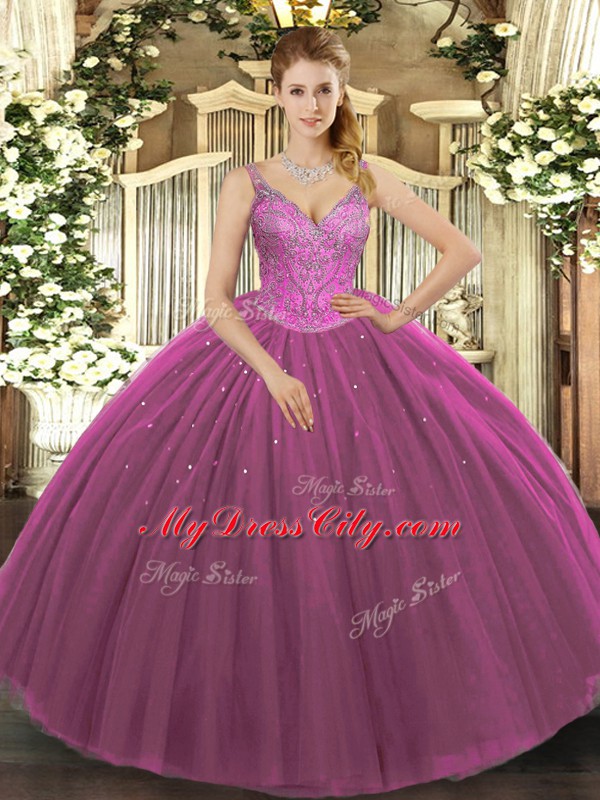 High End Floor Length Fuchsia Sweet 16 Dress Tulle Sleeveless Beading