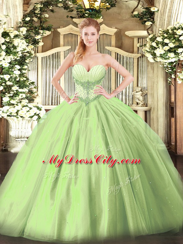 Floor Length Yellow Green Ball Gown Prom Dress Tulle Sleeveless Beading