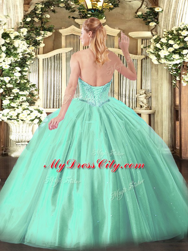 Floor Length Yellow Green Ball Gown Prom Dress Tulle Sleeveless Beading