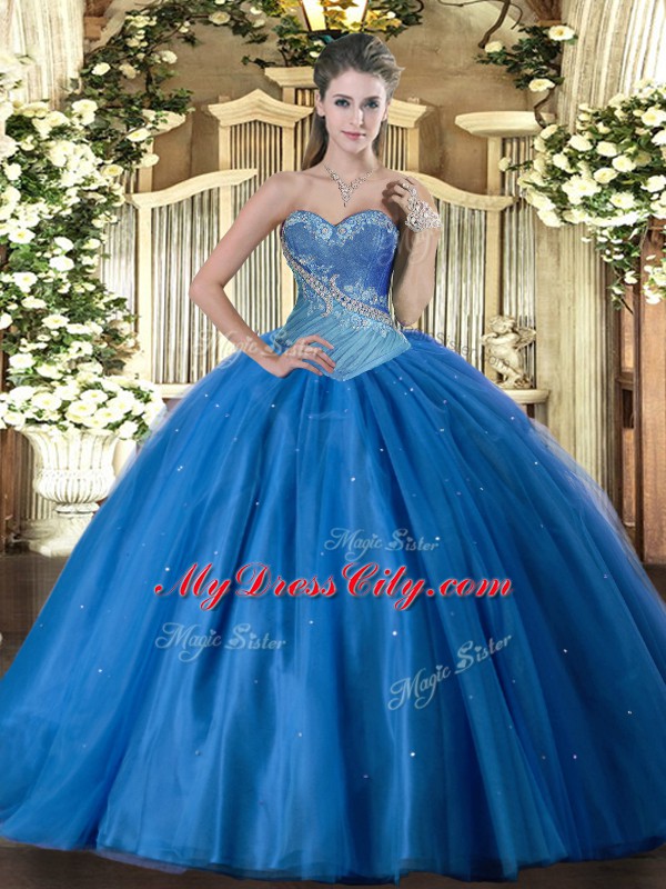 Dazzling Sleeveless Floor Length Beading Lace Up Ball Gown Prom Dress with Blue