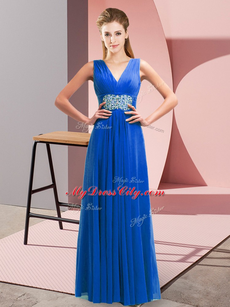 Custom Design Blue V-neck Lace Up Beading and Ruching Prom Evening Gown Sleeveless