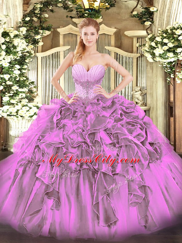 Graceful Floor Length Lace Up Sweet 16 Dress Lilac for Military Ball and Sweet 16 and Quinceanera with Beading and Ruffles