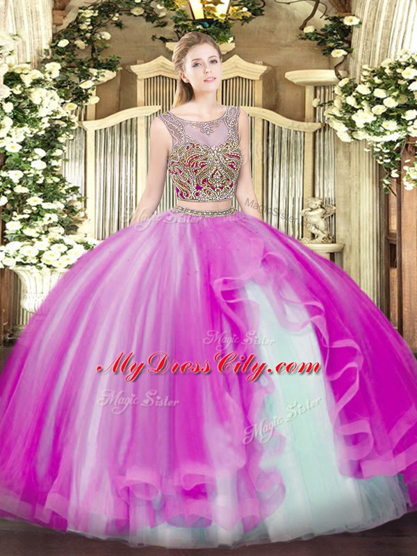 High End Two Pieces Quinceanera Gown Fuchsia Scoop Tulle Sleeveless Floor Length Lace Up