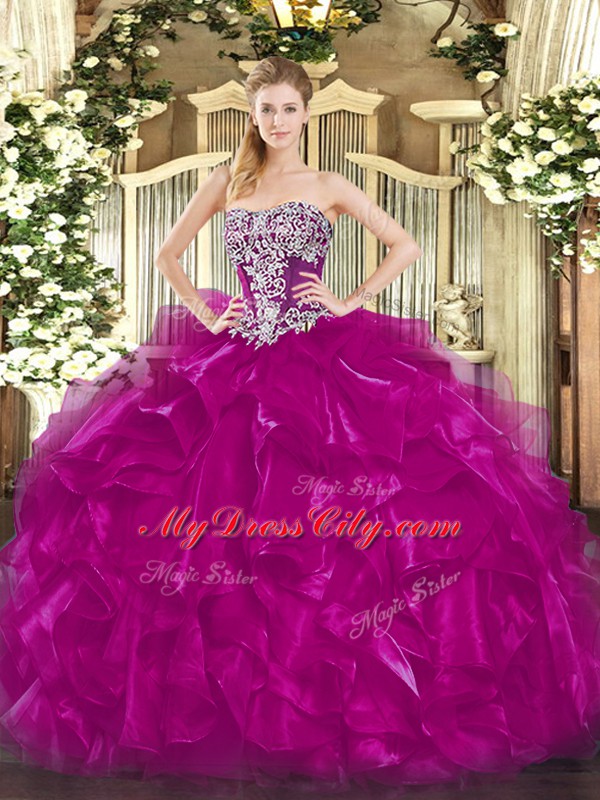 Fuchsia Strapless Lace Up Beading and Ruffles Sweet 16 Quinceanera Dress Sleeveless