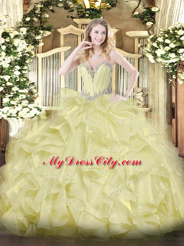 Admirable Yellow Lace Up 15th Birthday Dress Beading and Ruffles Sleeveless Floor Length