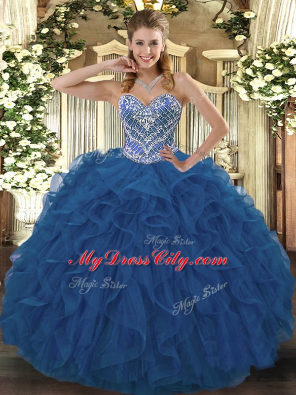 Blue Ball Gowns Tulle Sweetheart Sleeveless Beading and Ruffled Layers Floor Length Lace Up 15th Birthday Dress