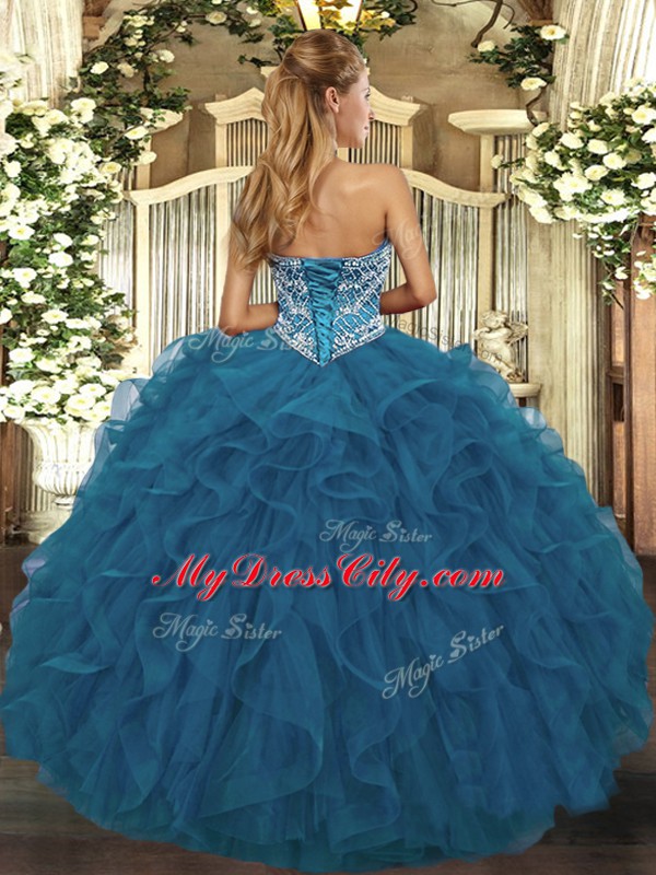 Blue Ball Gowns Tulle Sweetheart Sleeveless Beading and Ruffled Layers Floor Length Lace Up 15th Birthday Dress