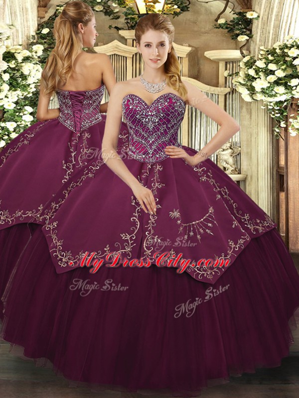 Sleeveless Floor Length Beading and Pattern Lace Up Quinceanera Gowns with Burgundy