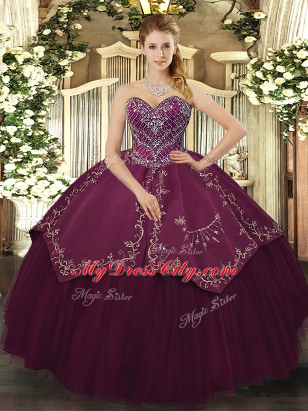 Sleeveless Floor Length Beading and Pattern Lace Up Quinceanera Gowns with Burgundy