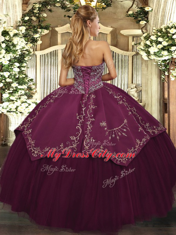 Sleeveless Floor Length Beading and Pattern Lace Up Quinceanera Gowns with Burgundy