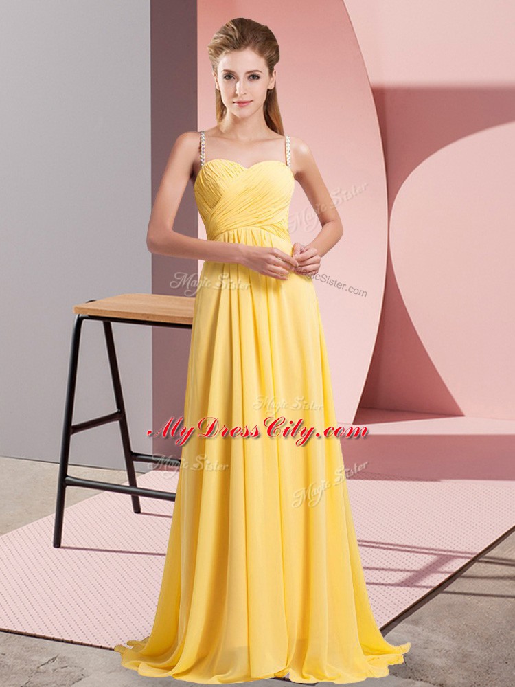 Excellent Sleeveless Floor Length Ruching Lace Up Prom Dresses with Gold