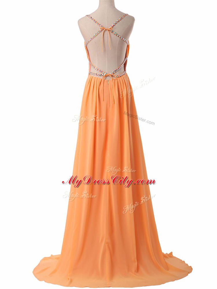 Excellent Sleeveless Floor Length Ruching Lace Up Prom Dresses with Gold