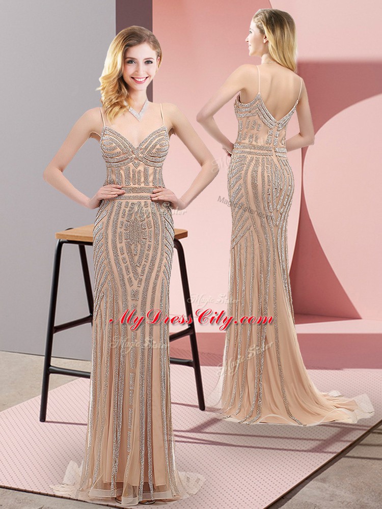 Extravagant Champagne Zipper Homecoming Dress Beading Sleeveless Sweep Train