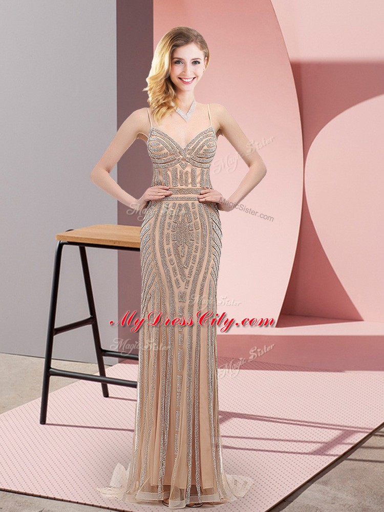 Extravagant Champagne Zipper Homecoming Dress Beading Sleeveless Sweep Train