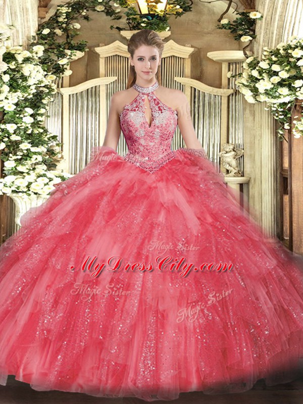 Coral Red Lace Up Quinceanera Gowns Beading and Ruffles Sleeveless Floor Length