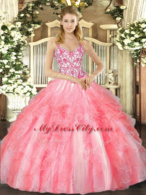 High End Coral Red Ball Gowns Straps Sleeveless Tulle Floor Length Lace Up Beading and Ruffles Quinceanera Dress