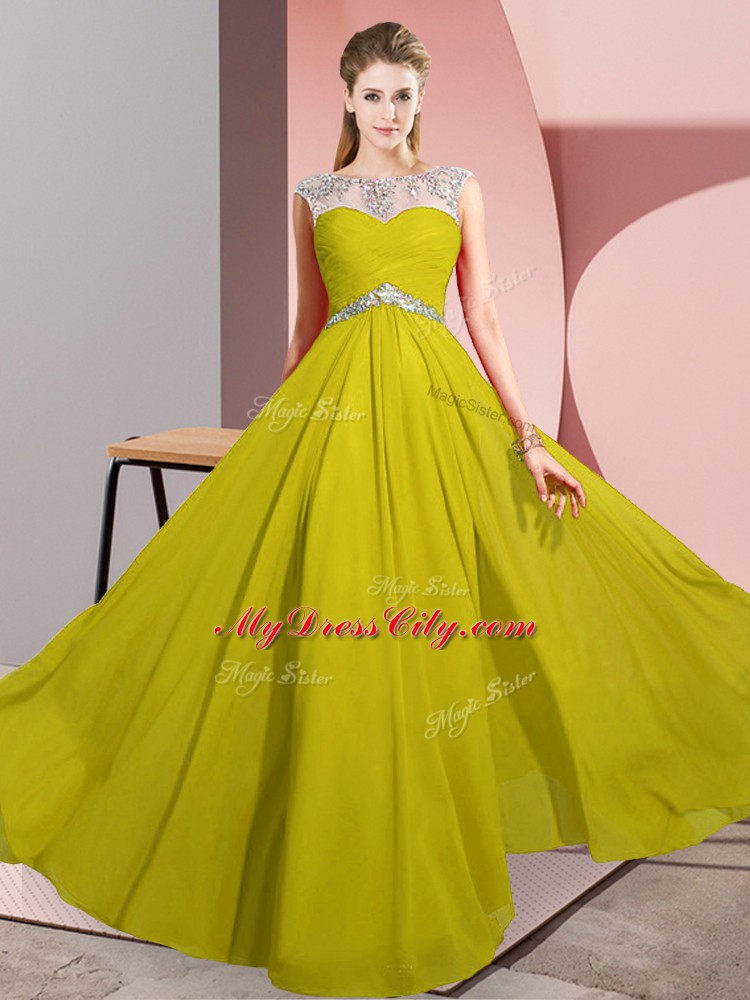 Floor Length Yellow Prom Evening Gown Chiffon Sleeveless Beading