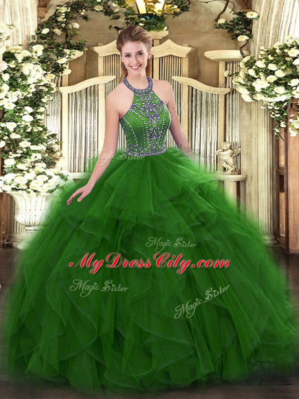 Beading and Ruffles Sweet 16 Quinceanera Dress Green Lace Up Sleeveless Floor Length