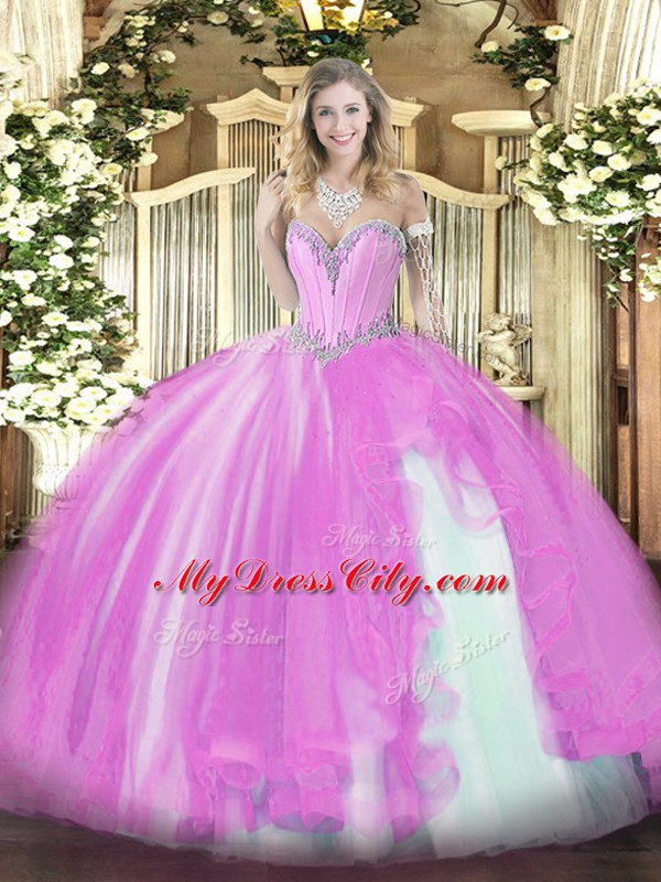 Dazzling Lilac Sleeveless Tulle Lace Up 15th Birthday Dress for Military Ball and Sweet 16 and Quinceanera