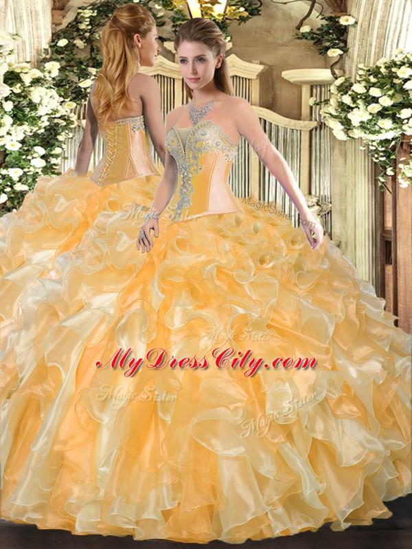 Flare Gold Ball Gowns Sweetheart Sleeveless Organza Floor Length Lace Up Beading and Ruffles Sweet 16 Dress