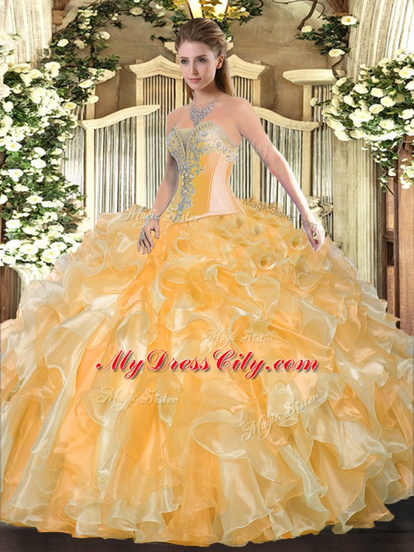 Flare Gold Ball Gowns Sweetheart Sleeveless Organza Floor Length Lace Up Beading and Ruffles Sweet 16 Dress