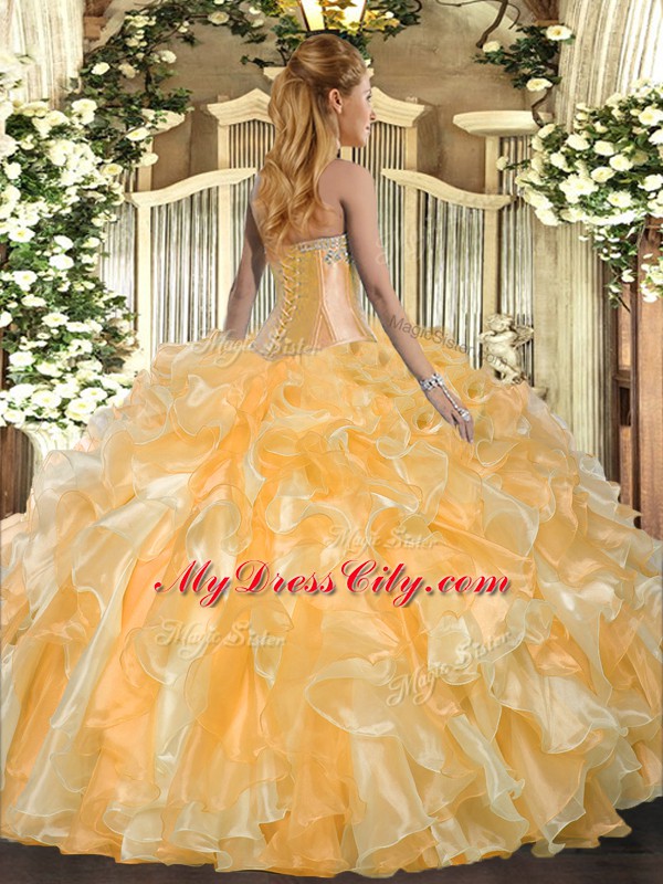 Flare Gold Ball Gowns Sweetheart Sleeveless Organza Floor Length Lace Up Beading and Ruffles Sweet 16 Dress