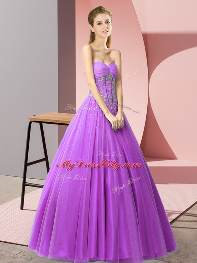 Modest Purple Tulle Lace Up Prom Dresses Sleeveless Floor Length Beading