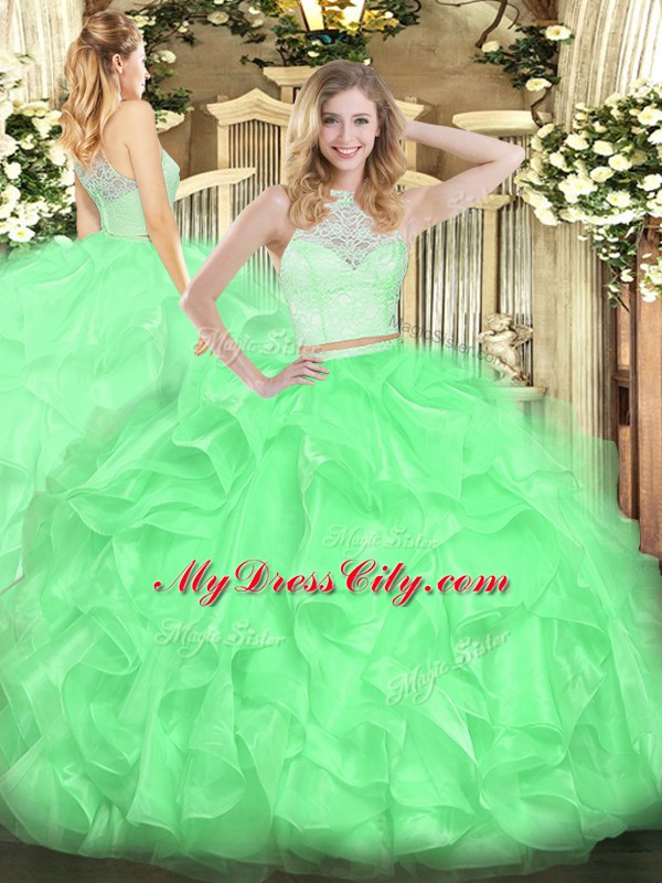 On Sale Apple Green Zipper Scoop Lace and Ruffles Sweet 16 Dress Organza Sleeveless