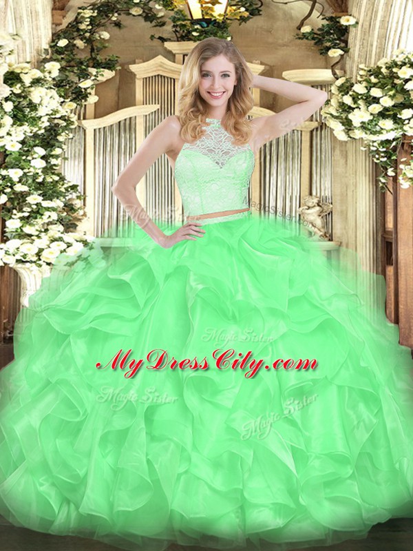 On Sale Apple Green Zipper Scoop Lace and Ruffles Sweet 16 Dress Organza Sleeveless