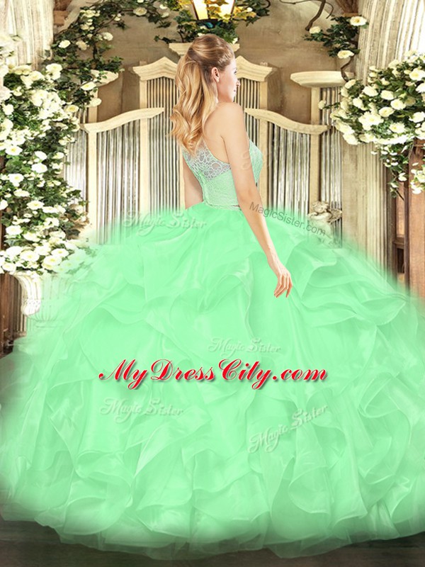 On Sale Apple Green Zipper Scoop Lace and Ruffles Sweet 16 Dress Organza Sleeveless