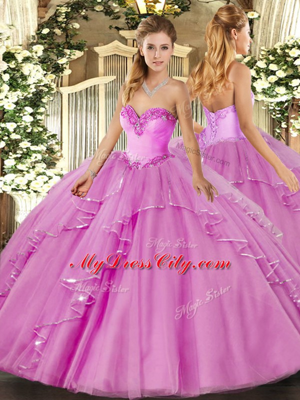 Ball Gowns Sweet 16 Quinceanera Dress Lilac Sweetheart Tulle Sleeveless Floor Length Lace Up