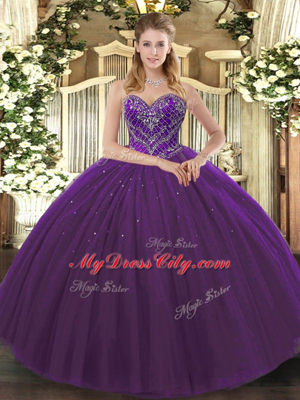 Beauteous Tulle Sleeveless Floor Length Quince Ball Gowns and Beading