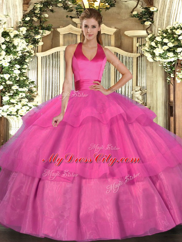 Delicate Fuchsia Ball Gowns Tulle Halter Top Sleeveless Ruffled Layers Floor Length Lace Up Quinceanera Gown