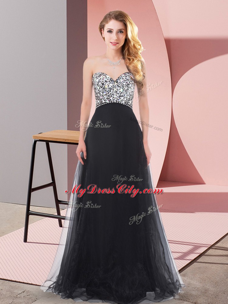 Stylish Sleeveless Organza and Chiffon and Tulle Floor Length Lace Up Dress for Prom in Black with Beading