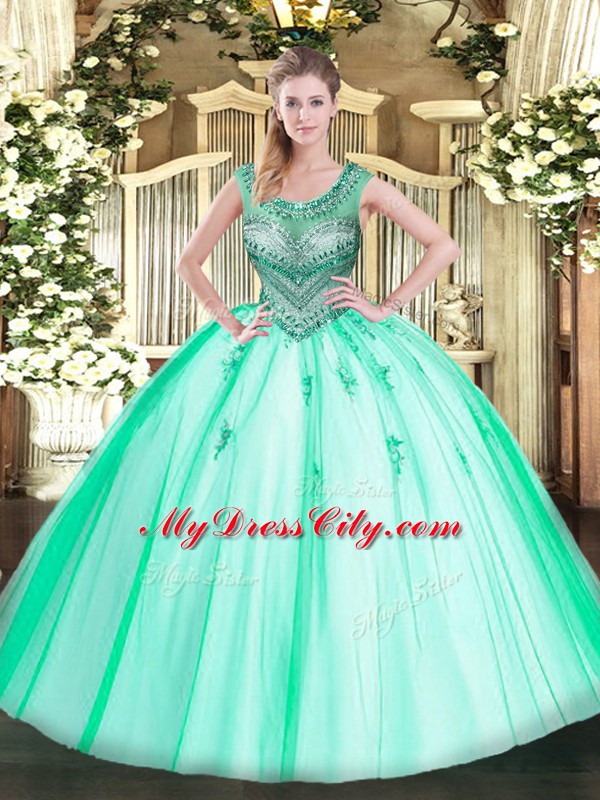 Sophisticated Apple Green Sleeveless Tulle Lace Up Quinceanera Gowns for Sweet 16 and Quinceanera