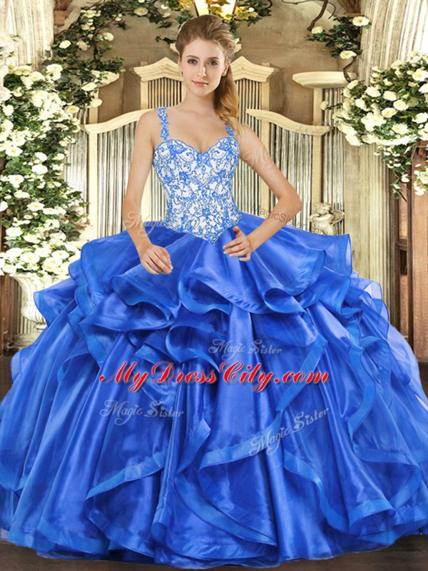 Blue Straps Lace Up Beading and Ruffles Quinceanera Gowns Sleeveless