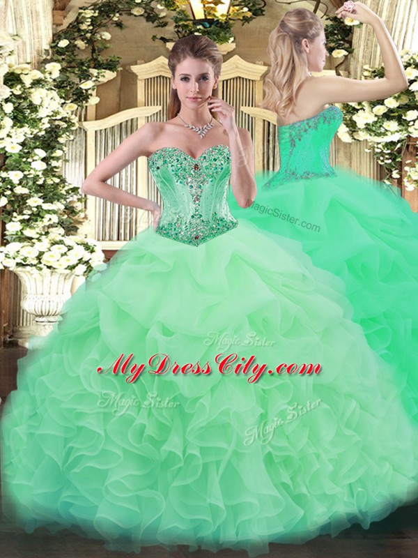 Cute Apple Green Sleeveless Floor Length Beading and Ruffles and Pick Ups Lace Up Quinceanera Gown