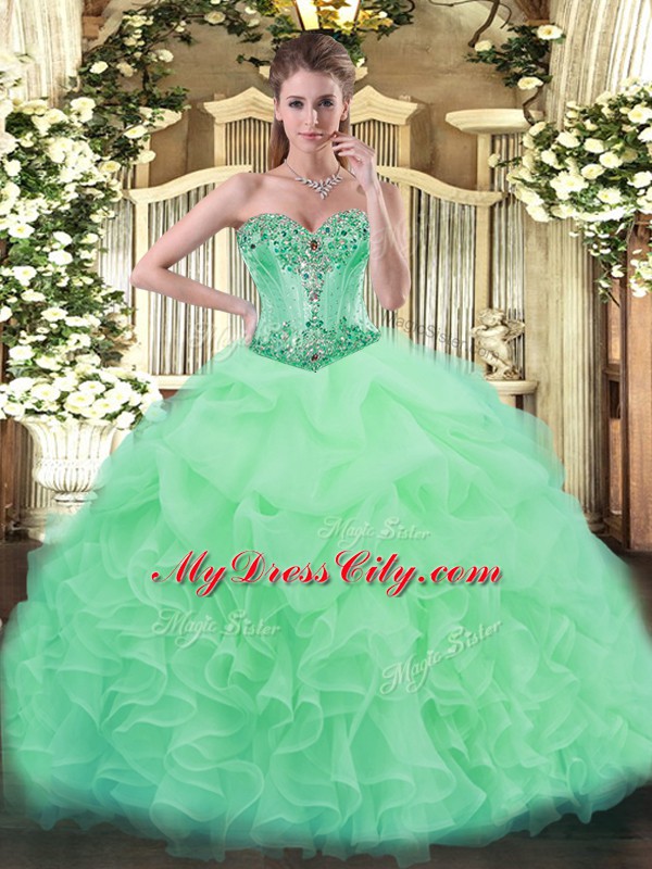 Cute Apple Green Sleeveless Floor Length Beading and Ruffles and Pick Ups Lace Up Quinceanera Gown