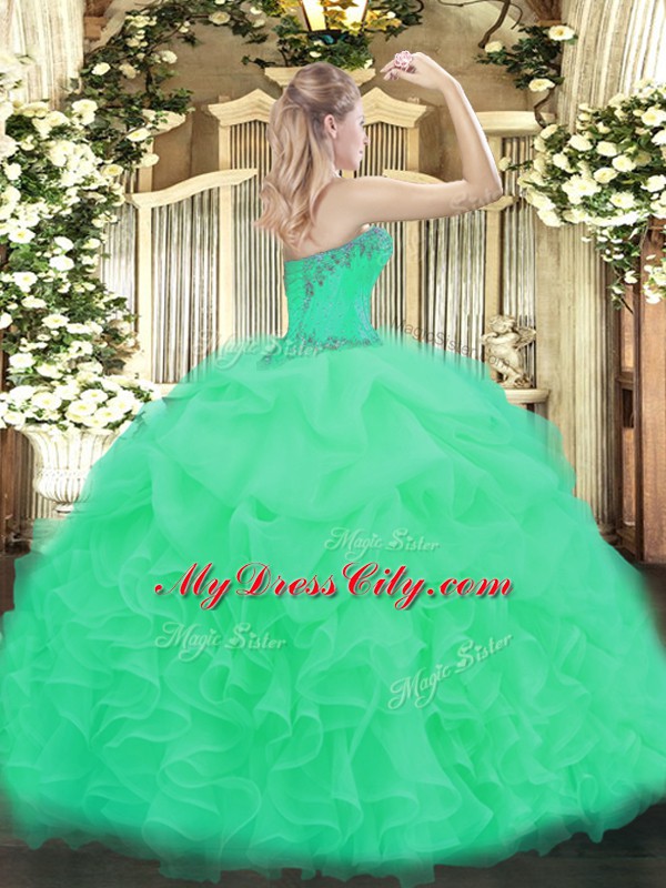 Cute Apple Green Sleeveless Floor Length Beading and Ruffles and Pick Ups Lace Up Quinceanera Gown