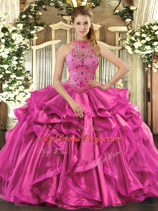 Floor Length Ball Gowns Sleeveless Fuchsia Sweet 16 Dress Lace Up