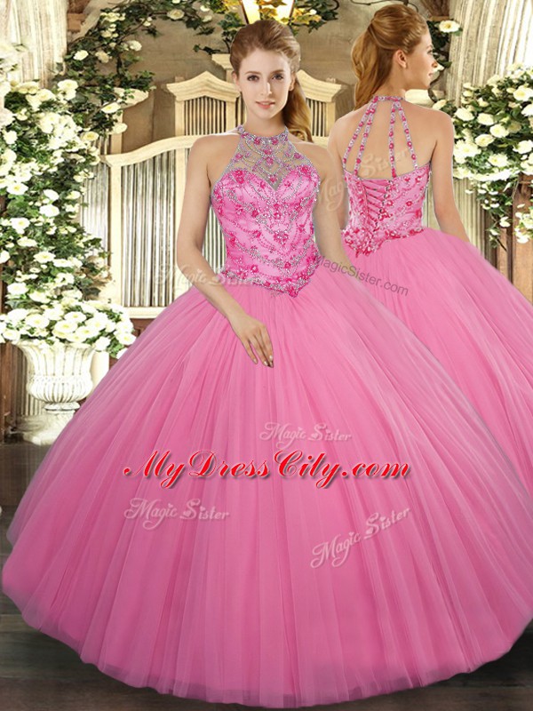 Rose Pink Sleeveless Floor Length Beading Lace Up Sweet 16 Quinceanera Dress