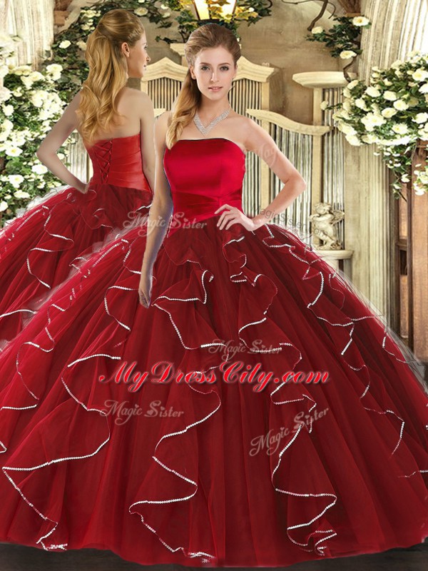 Popular Wine Red Tulle Lace Up Quinceanera Gowns Sleeveless Floor Length Ruffled Layers