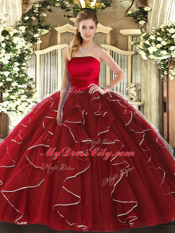 Popular Wine Red Tulle Lace Up Quinceanera Gowns Sleeveless Floor Length Ruffled Layers