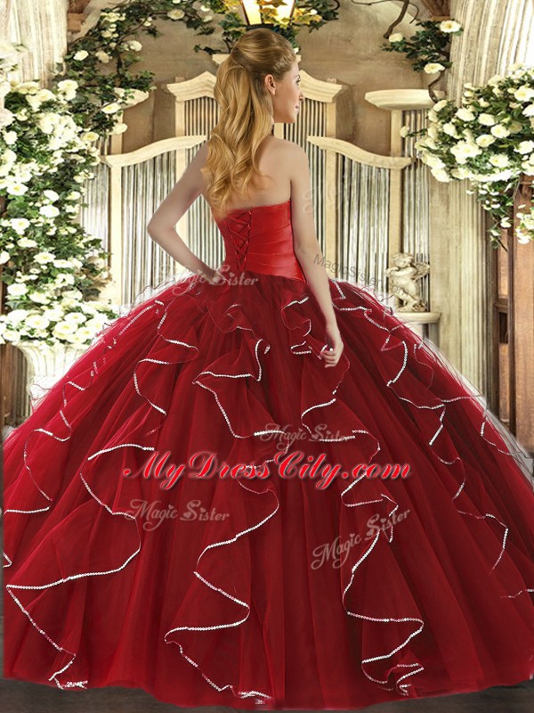 Popular Wine Red Tulle Lace Up Quinceanera Gowns Sleeveless Floor Length Ruffled Layers