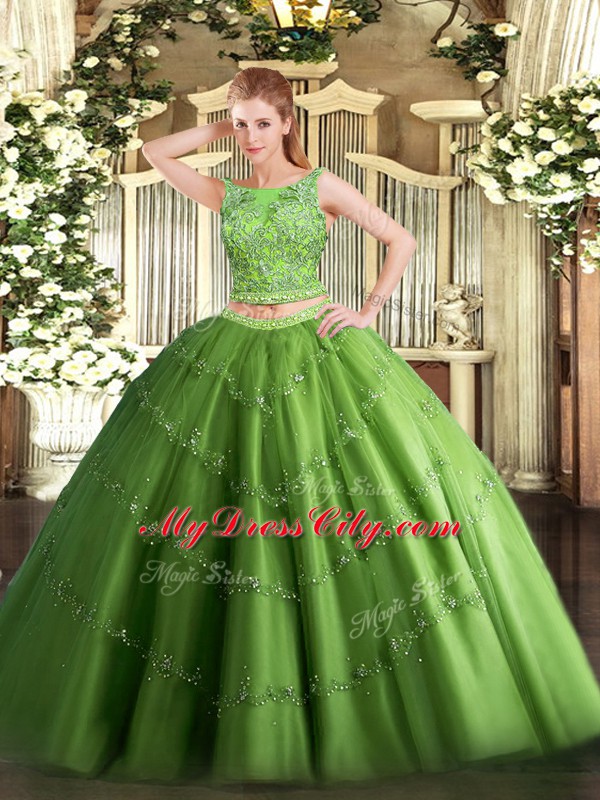 Green Lace Up Scoop Beading and Appliques Sweet 16 Quinceanera Dress Tulle Sleeveless