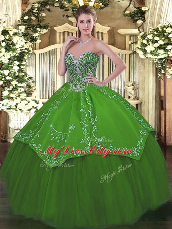 Graceful Green Sleeveless Beading and Embroidery Floor Length Quince Ball Gowns